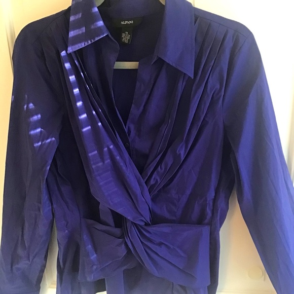 Twist Front Alfani Cotton Blue Purple Blouse Knot Front Bottom side Zip 16 - Picture 2 of 3